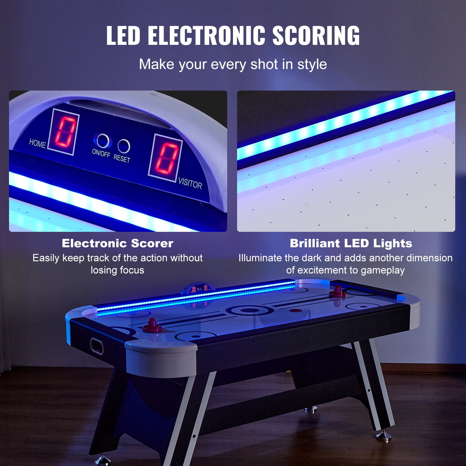 KFFKFF Air Hockey Table, 72" Indoor Hockey Table for Kids and Adults, LED Sports Hockey Game w/2 Pucks, 2 Pushers& Electronic Score System, Arcade Gaming Set for 4 player Home
