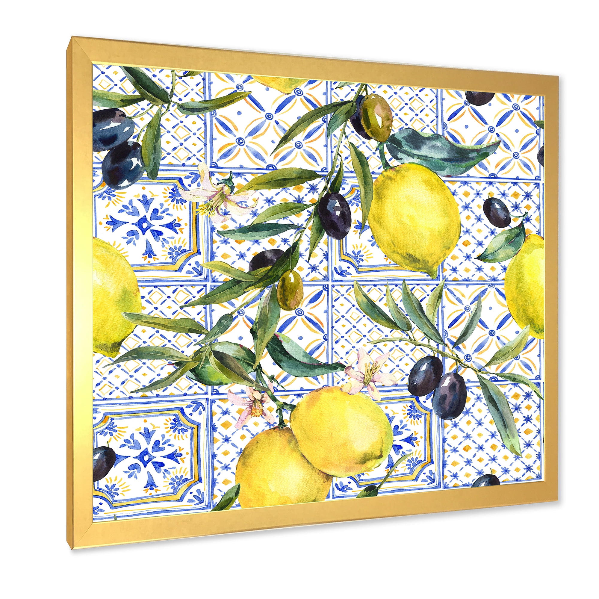 Designart 'Geometrical Pattern of Lemon Ornament On Blue III' Tropical Framed Art Print
