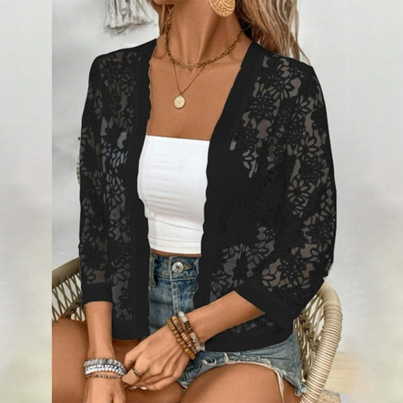 Weikingp Womens Cardigan, Women'S Autumn Patterned Lace Hollow Lace Solid Color Nine Quarter Sleeved Cardigan Fall Clothes for Women 2024 Lace Tops for Women Black L