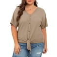 thumbnail image 6 of Cueply Womens Plus Size Tops Short Sleeve V Neck Waffle Knit Tunic Blouse Tie Front Button up T Shirts, 6 of 8