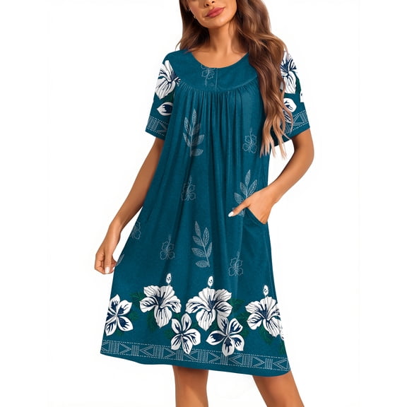 Oudiya Women Moo Moos House Dresses Button Short Sleeve Floral Mumu Nightgown with Pocket, S-3XL