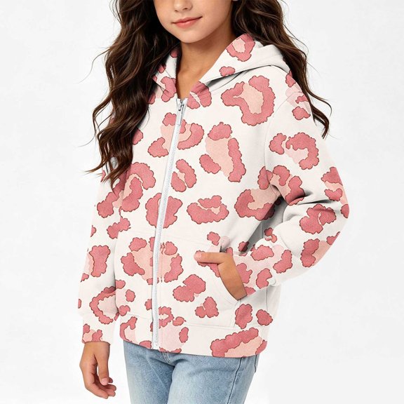 Lutiedan Leopard Zip up Hoodie for Girls Oversized Fleece Lined Warm Outerwear Lightweight Fall Winter Sweatshirt Size 4-12,Pink