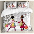 thumbnail image 1 of Teen Room Duvet Cover Set King Size, Retro Fashion Women Shopping in City Streets Beauty Butterfly Urban Life Graphic, Decorative 3 Piece Bedding Set with 2 Pillow Shams, Multicolor, by Ambesonne, 1 of 3