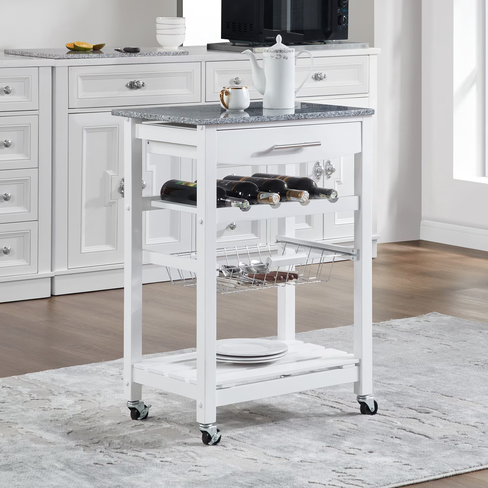 Avobird Kitchen Island Cart, Mobile Kitchen Cart with 22inch Marble Countertop/Underneath Drawer/Slide-Out Wire Storage Basket, White