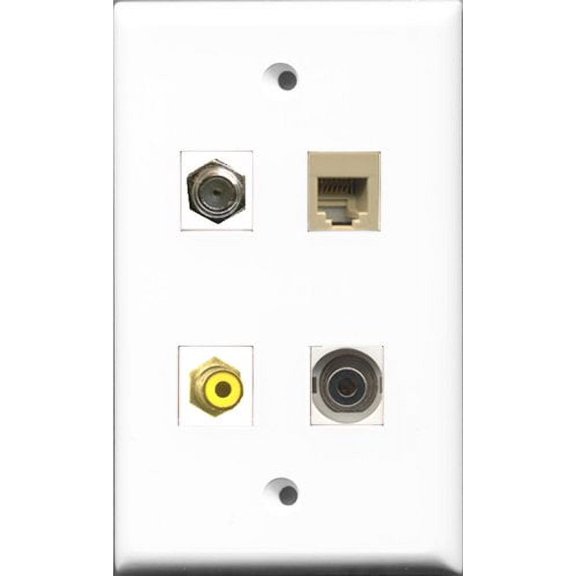 RiteAV 1 Port RCA Yellow and 1 Port Coax Cable TV- F-Type and 1 Port Phone RJ11 RJ12 Beige and 1 Port 3.5mm Wall Plate