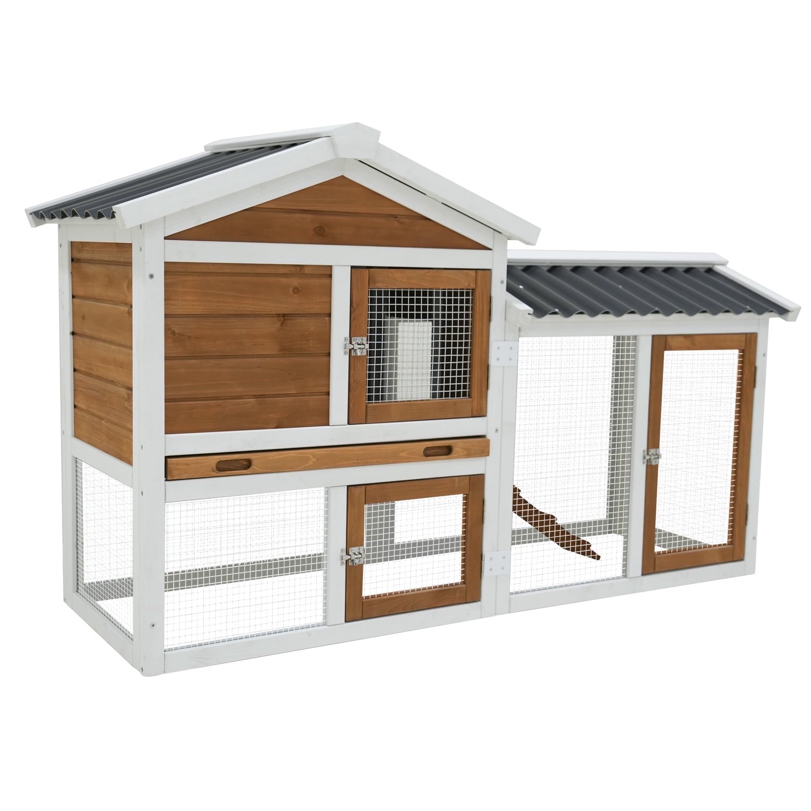 SAYGOGO 58" 2-Story Rabbit Hutch Guinea Pig Cage, Fir Wood, PVC Waterproof Roof, Galvanized Removable Tray, Anti-Slip Ramp, 3 Doors, Indoor Outdoor for 2-3 Rabbits 3-4 Guinea Pigs