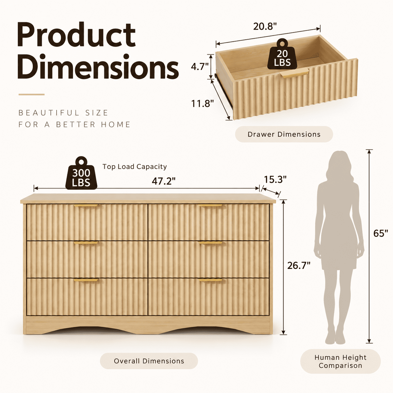 Lacoo 6 Drawer Dresser, 47'' Wide Fluted Dresser with Gold-Tone Handles, Wood Storage Chest with Smooth Glides, Modern Low Dresser for Bedroom, Living Room, Natural