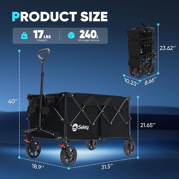 Collapsible Foldable Wagon with 330lbs Weight Capacity, Heavy Duty Folding Wagon Cart with Big All-Terrain Wheels & Drink Holders. Black