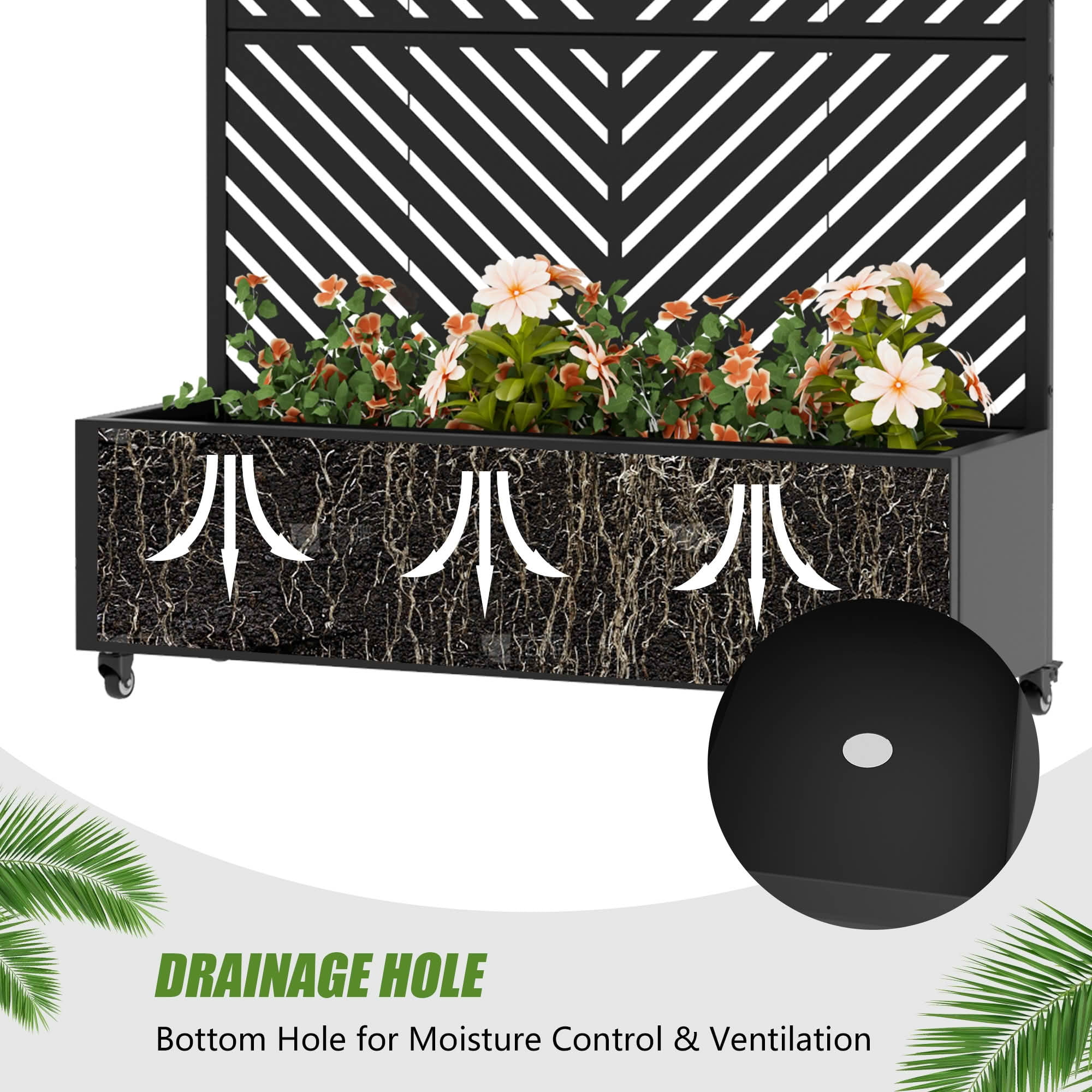 MAYEERTY 72X47" Metal Outdoor Black Privacy Screen with Planter Box for Backyard & Garden, 3 Piece Set, Double‑sided Installation