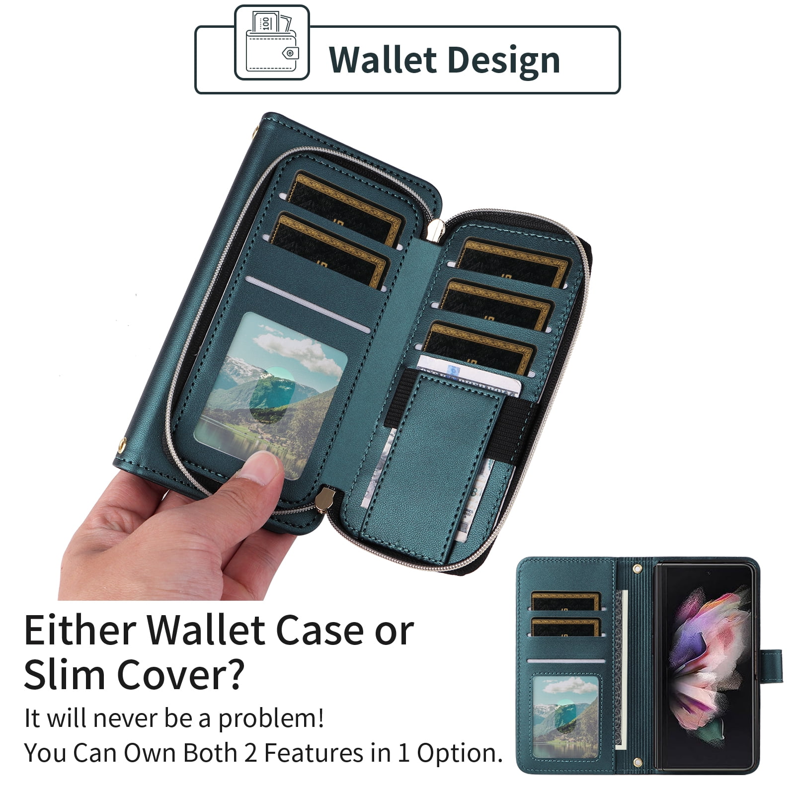 Furiet Argyle Wallet Case for Samsung Galaxy Z Fold 6 5G 2024 with Wrist/Shoulder Strap Card Slot Zipper Purse Luxury PU Leather Stand Cell Phone Cover for ZFold6 Z6 G Fold6 6Z Girls Green