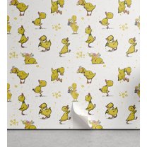 Ambesonne Cartoon Peel & Stick Wallpaper for Home, Repetitive Little Ducklings, 13"x100", White and Mustard