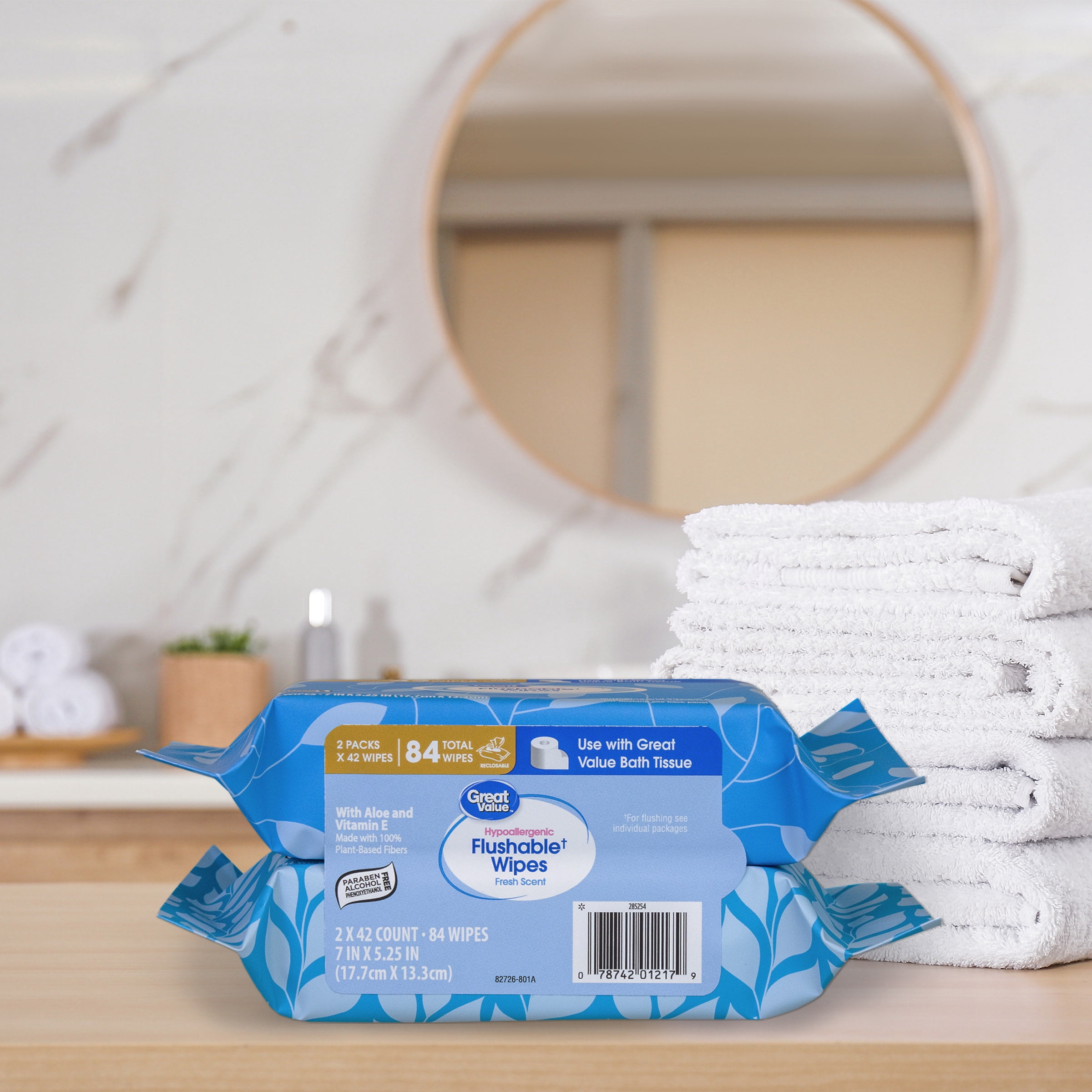 (8 pack) Great Value Fresh Scent Flushable Wipes, 2 Resealable Packs, 84 Total Flushable Wipes