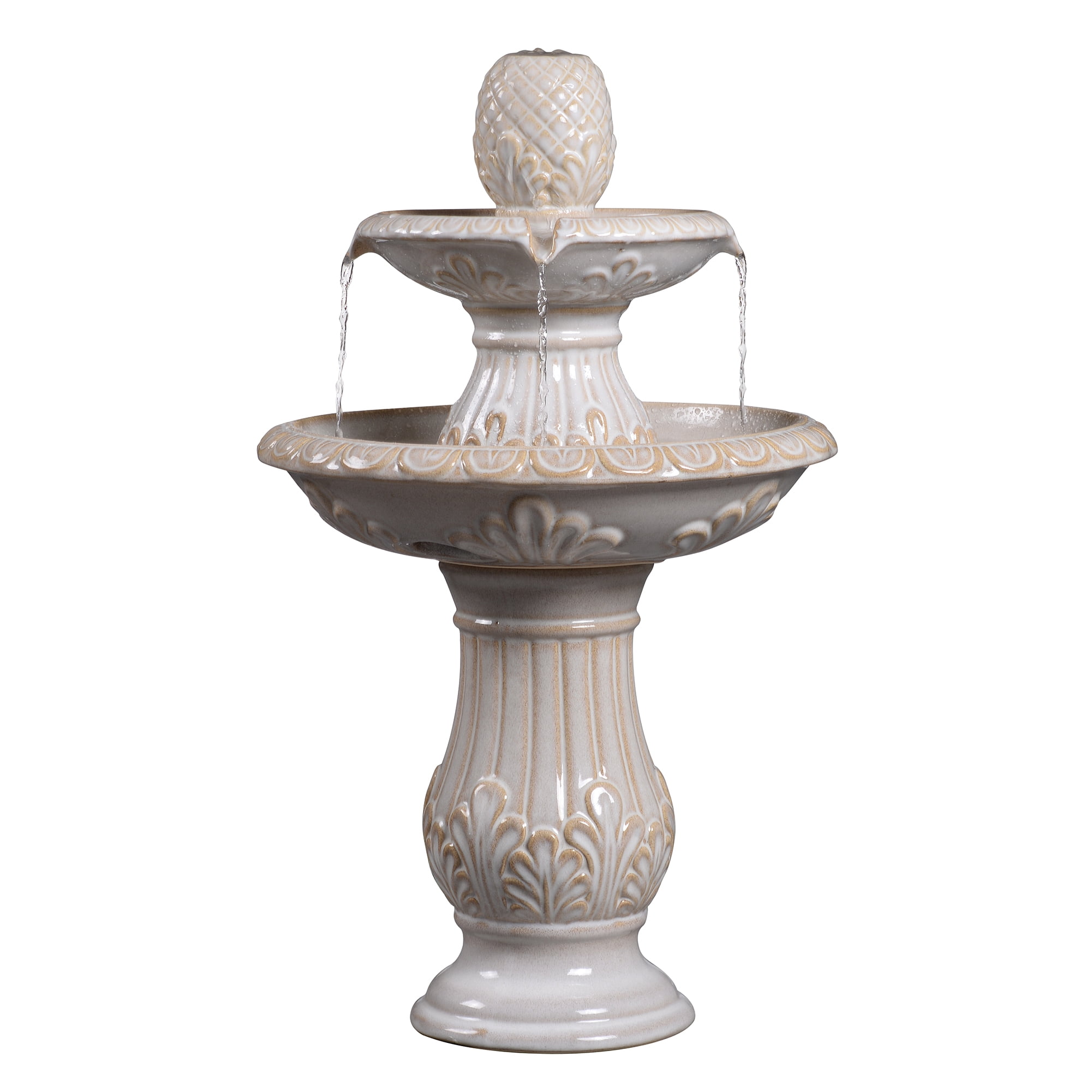 2-Tier Ivory Ceramic Pedestal Fountain, Decorative Water Fountain with LED Lights and Quiet Pump, Indoor Outdoor Water Feature for Patio, Garden, Deck, Balcony, Office and Home Décor