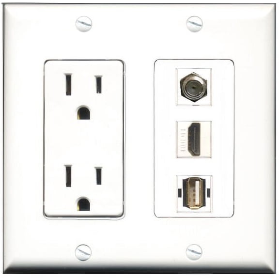 RiteAV - 15 Amp Power Outlet 1 Port HDMI 1 Port Coax 1 Port USB A-A Decorative Wall Plate