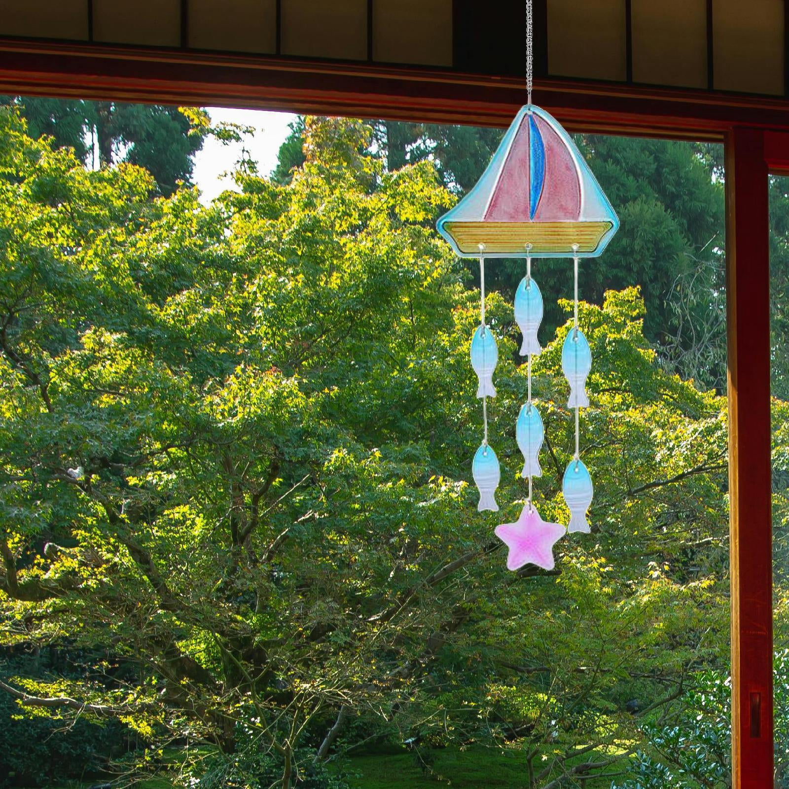 figatia Glass Sea Wind Chime Coastal Ornament Garden Hanging Windchime Pendant Windbell for Balcony Mom Women Home Farmhouse Entrance Boat 18.2x62.5cm