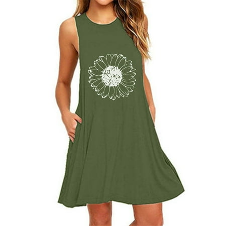 

WOXINDA Fashion Womens O-Neck Pocket Printing Sleeveless Casual Nightdress Dresses