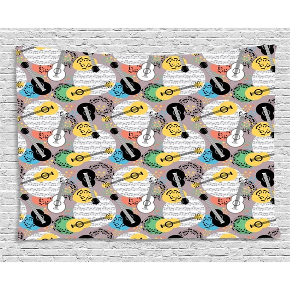 Classic Rock Tapestry, Six String Classical Guitars Repeating Pattern on Musical Notes Background, Wall Hanging for Bedroom Living Room Dorm Decor, 60W X 40L Inches, Multicolor, by Ambesonne