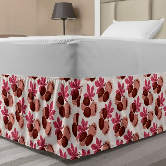 Exotic Bed Skirt, Chestnut Seeds Autumn Fall Leaves Pastel Season Branches Botanical, Elastic Bedskirt Dust Ruffle Wrap Around for Bedding Decor, 4 Sizes, Pink Redbrown and Blush, by Ambesonne