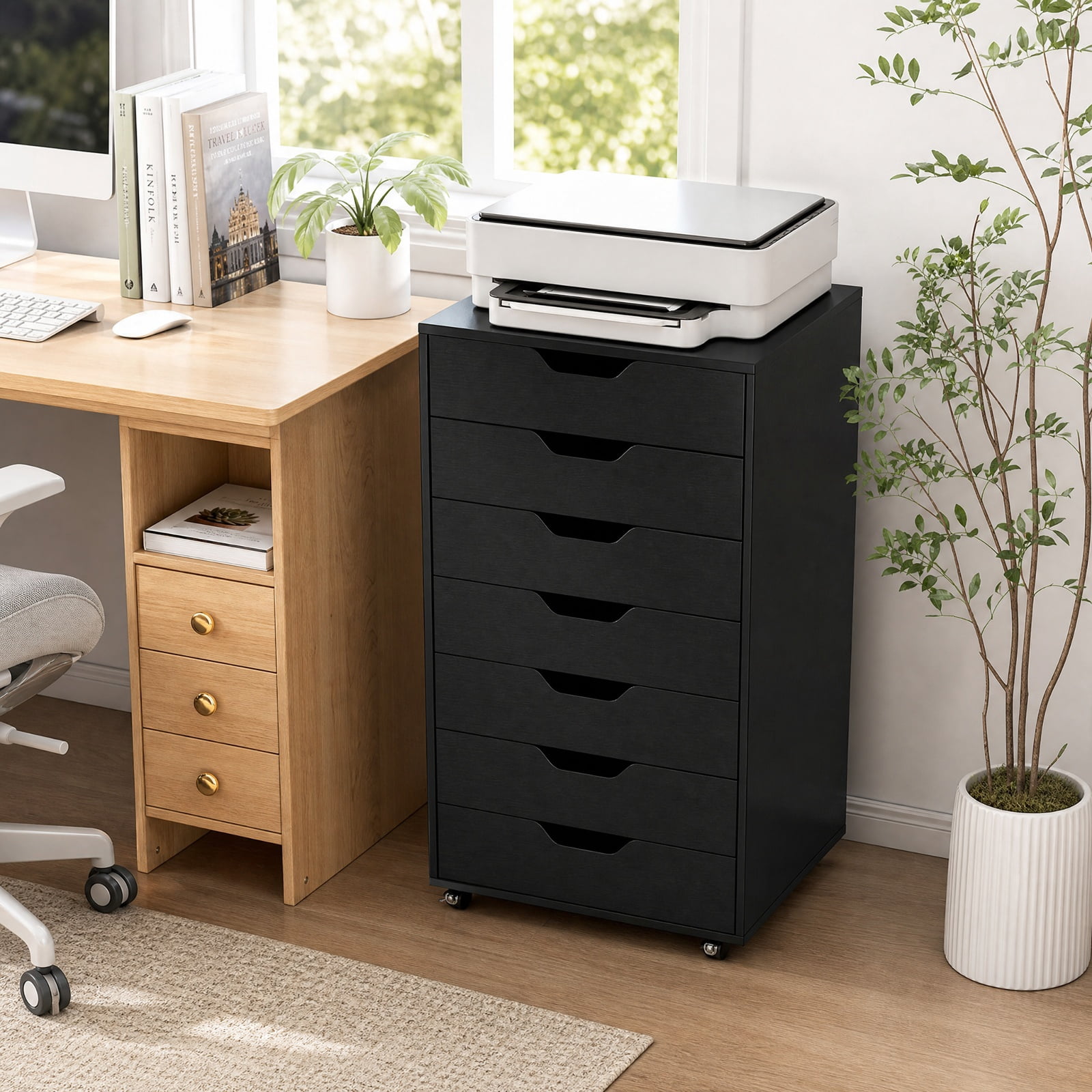 Furnibear 7-Drawer Chest Wooden Storage Dresser with Lockable Wheels for Home Office Filing Document Letter Legal Storage, Black