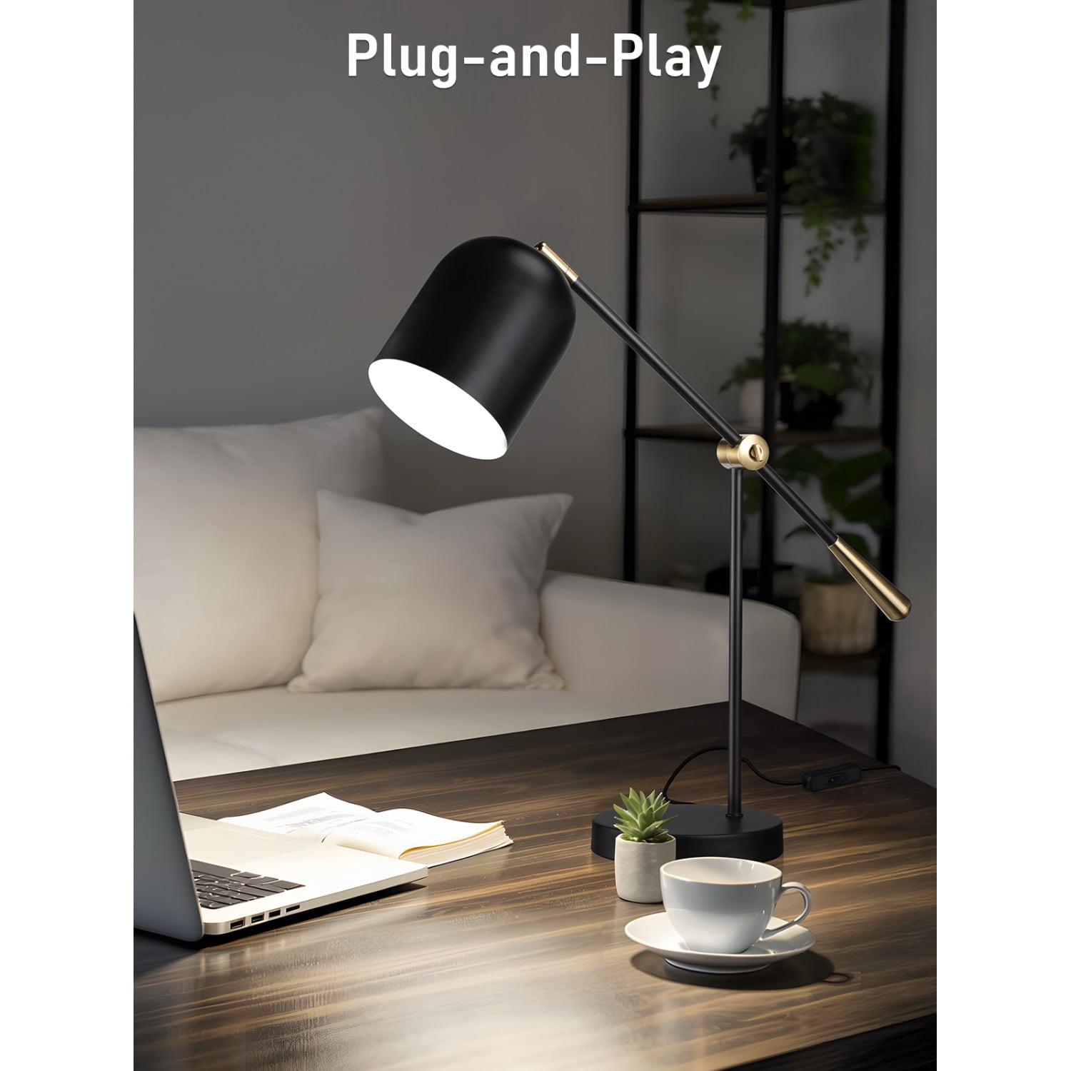 Aesthetic Metal Table Lamp, E26 Base, Adjustable Swing Arm, Max 60W, On/Off Switch