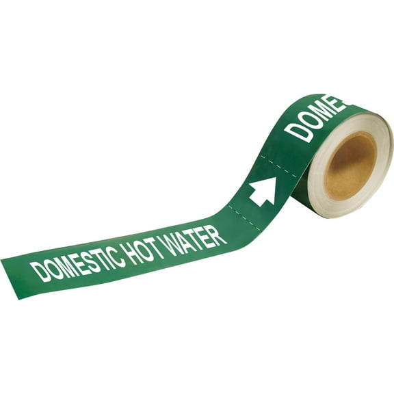 Brady 108899 Economy Pipe Markers-To-Go, B-946, 1" Height X 8" Width, White On Green Pressure Sensitive Vinyl, Legend "Domestic Hot Water" CA1