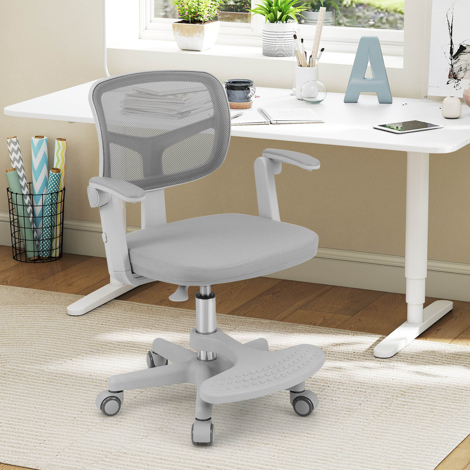 Costway Kids Desk Chair Children Study Chair with Adjustable Height, Armrest & Footrest Gray