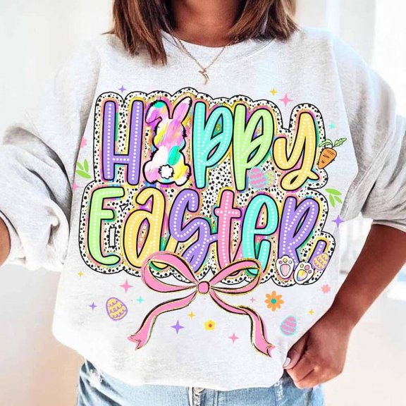 Happy Easter Bunny Sweatshirt, Coquette Bow Easter Shirt, Retro Preppy Easter Sweatshirt, Brushstroke Bunny Shirt, Hand Drawn Dalmatian Dots Outfit