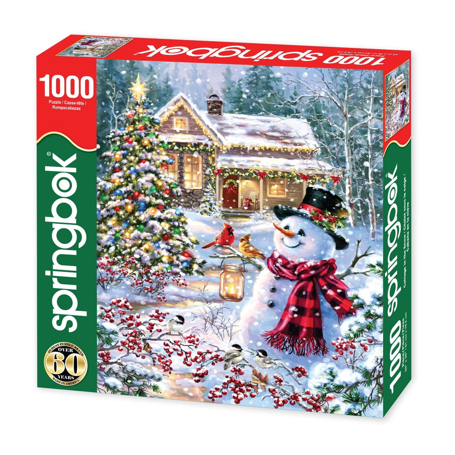 Springbok - Cottage in EC36&nbsp;The Snow - 1000 Piece Jigsaw Puzzle- Holiday Winter Scene with Snowman and Cardinals