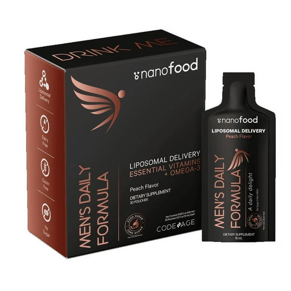 Codeage Nanofood Men's Daily Multivitamin Liquid Supplement, Vitamins A B C D3 E, Omega-3, Terpenes, Liposomal Delivery, Sugar-Free, 30 Pouches