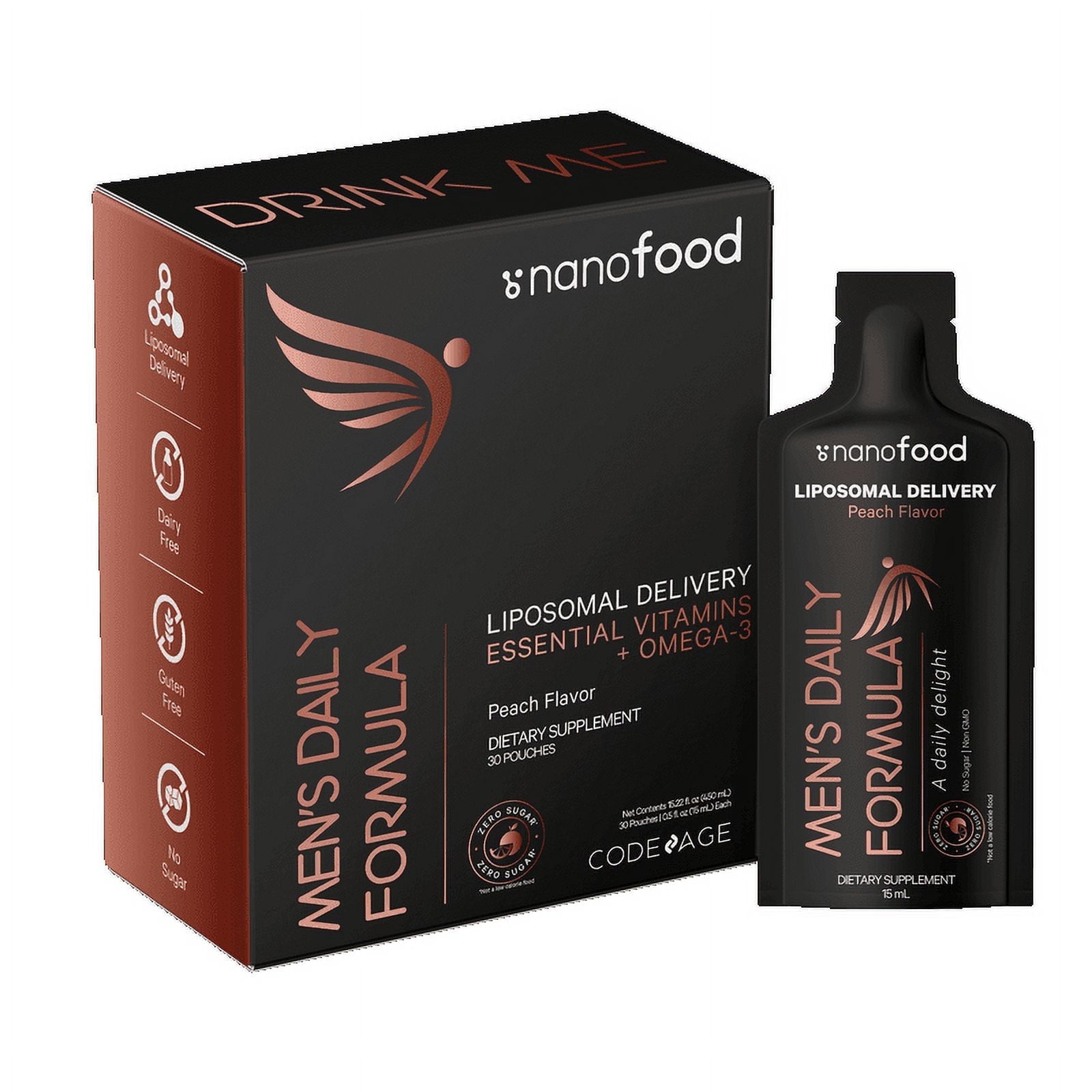 Codeage Nanofood, Men's Daily Formula, Liposomal Delivery, Essential Vitamins + Omega-3, Peach, 30 Pouches, 0.5 fl oz (15 ml) Each