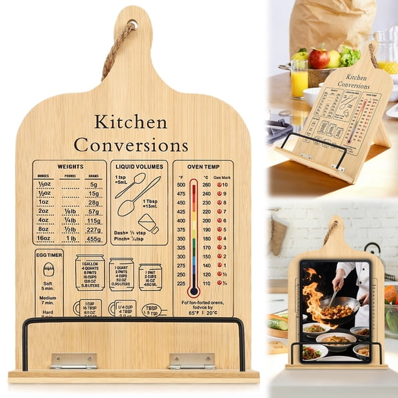 Wood Cookbook Stand Sturdy Cook Book Holder Recipe Book Holder with Measurement Conversion Chart Cookbook Stand for Kitchen Counter Essential Accessories for Holding Cookbooks