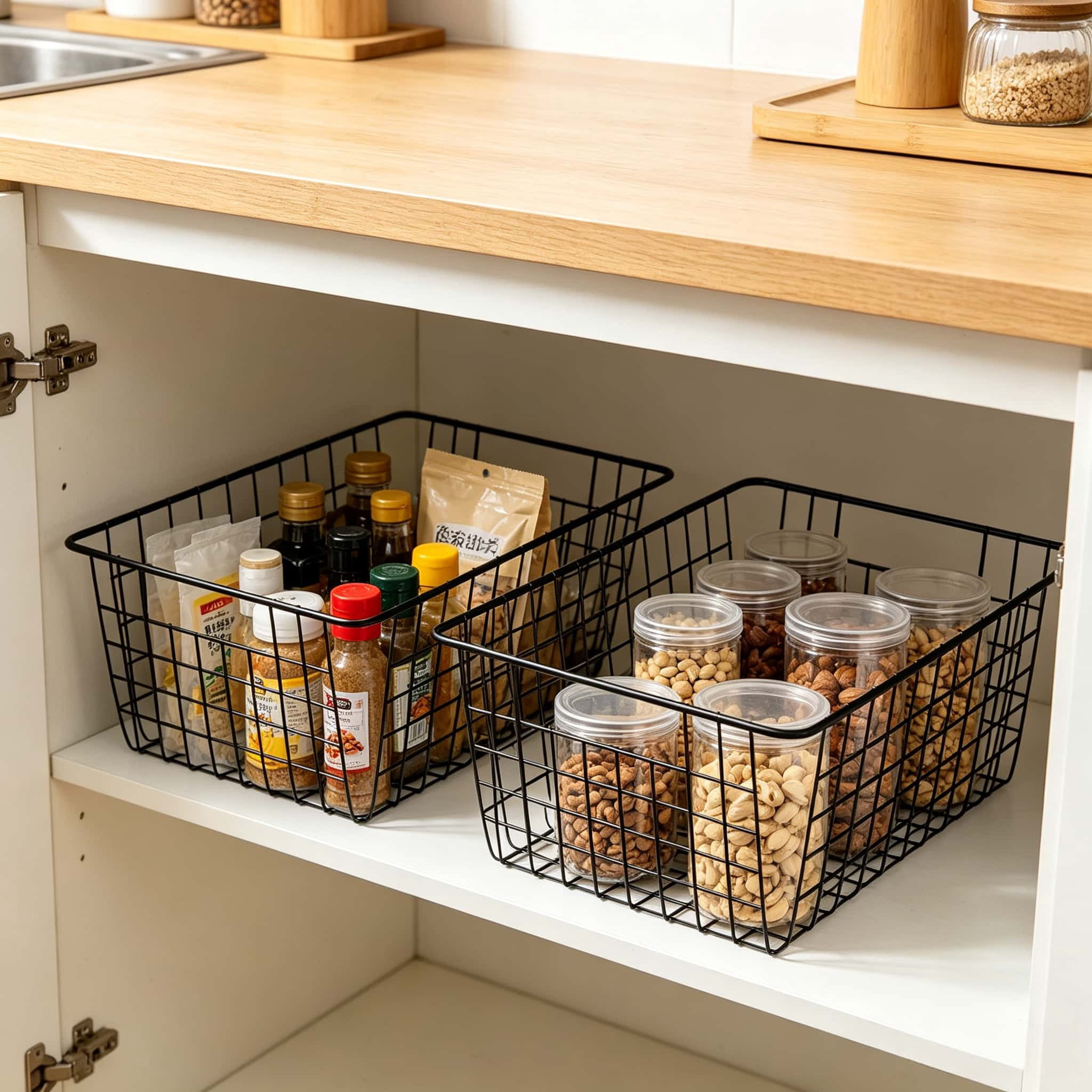 Wire Baskets for Organizing Household 2 Pack Pantry Baskets For Storage Pantry Wire Black Metal Storage Bins