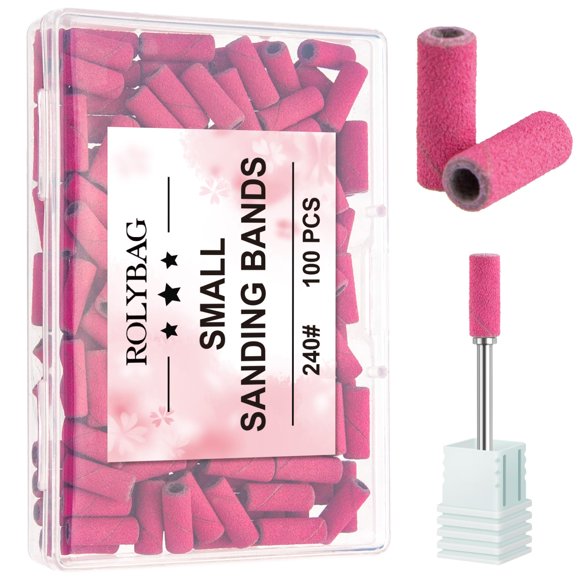 Rolybag 100pcs Small Sanding Bands Nail Drill Bits 240 Extreme Fine Grit Nail Sanding Bands with 3.1mm Mandrel Bit for Acrylic Nails Gel Removing Shaping Professional Manicures and Pedicure Rose Red