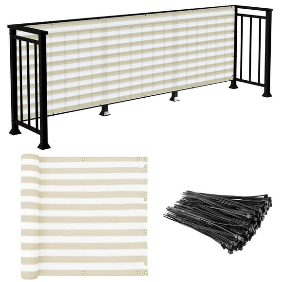 E&K Sunrise 3' x 26' Balcony Privacy Fence Screen Cover with Zip Ties Outdoor Screen Fence UV Protection for Deck Patio Backyard Apartment Pool Porch (Beige White Strip)