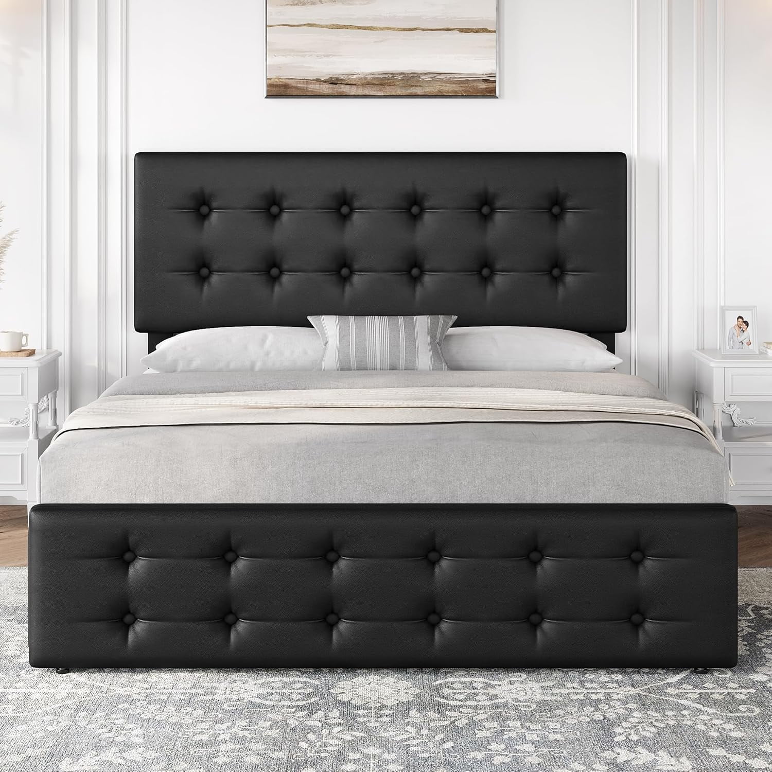 Memoryfield Full Size Bed Frame with 4 Storage Drawers and Headboard, Faux Leather Upholstered Platform Bed Frame with Wooden Slats Support, No Box Spring Needed, Black