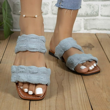 

amlbb Flat Sandals for Women Fashion Flat Slippers Square-toe Solid Color Casual Beach Slippers Sandals Women