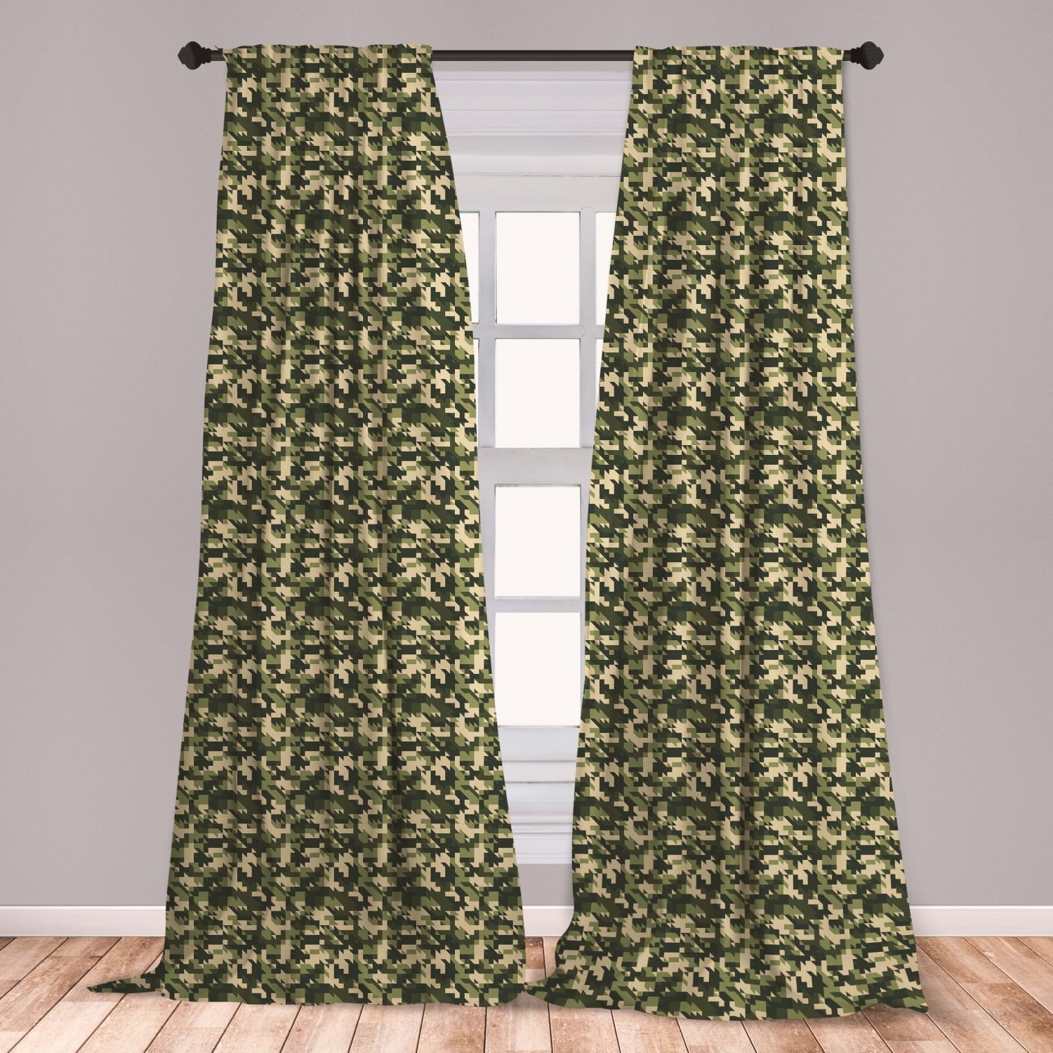 Camo Curtains 2 Panels Set, Abstract Camouflage in Forest Colors Jungle