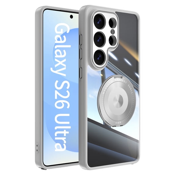 Designed for Samsung Galaxy S26 Ultra Crystal Clear Back Case, Luxury Case with Lens Protector Drop Protective Magnetic Rotating Ring Kickstand Shockproof Thin Fit Phone Case Cover, Gray
