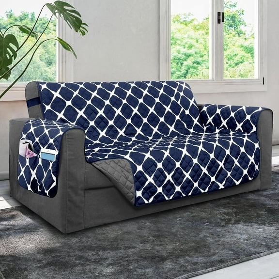 Elegant Comfort Quilted Furniture Protectors Solid and Printed Design Reversible Slipcovers Featuring Elastic Straps and Smart Pockets Great for Pets, Kids and More, Bloomingdale Loveseat, Navy/Gray