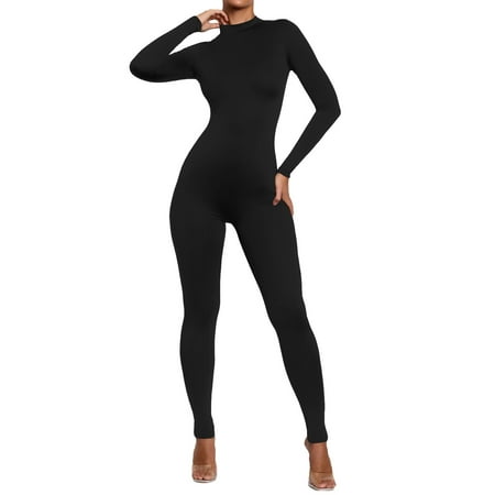 

Suity Women s Yoga Jumpsuit Pants Ribbed Long Sleeve Round Neck Workout Rompers Unitard Leggings