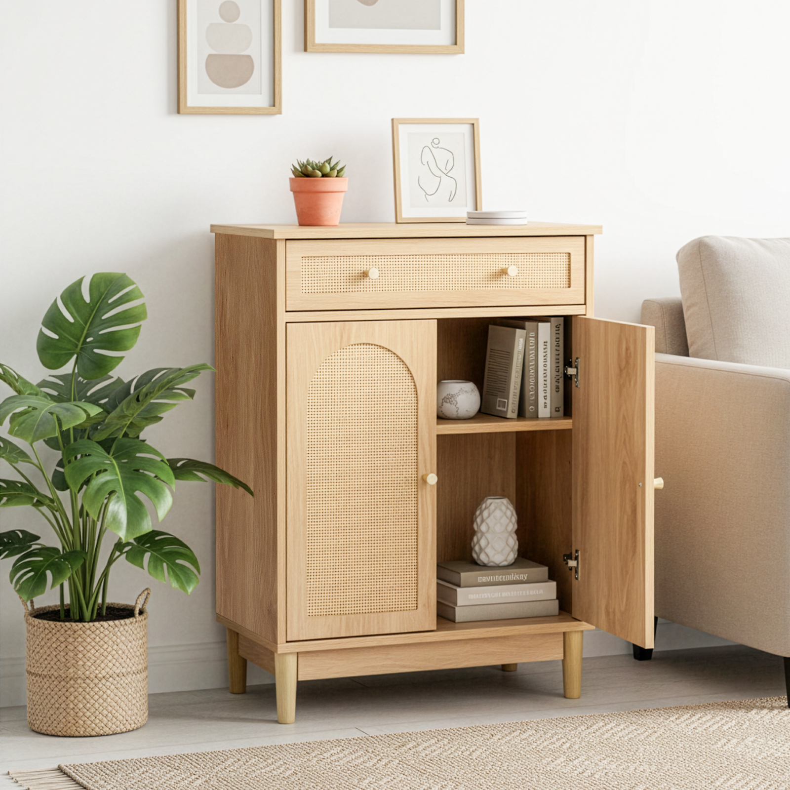 Ktaxon Bathroom Floor Cabinet, Freestanding Storage Cupboard w/ Drawer and 2 Doors, Rattan