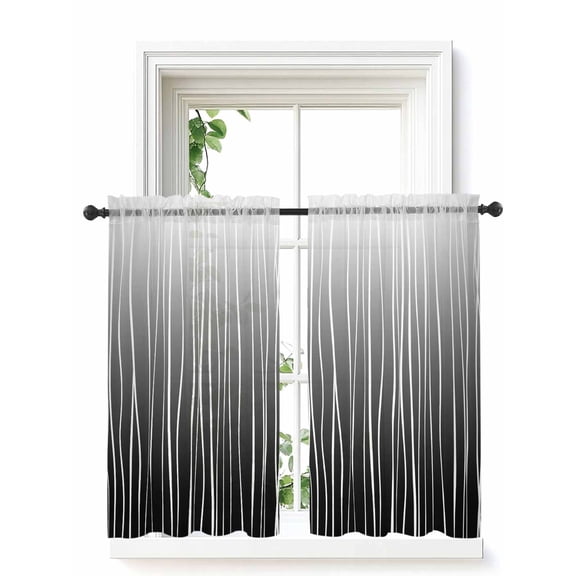 Black White Curtains 54 Inch Length, Sheer Curtains for Bedroom Living Room Window Ombre Gradient Striped Minimalist Texture Rod Pocket Drapes Kitchen Curtains Small Half Window 42"x54" 2 Panels