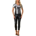 thumbnail image 2 of INSPIRE CHIC Women's Top Party V Neck Short Sleeve Glitter Shiny Metallic Top M Dark Silver, 2 of 6