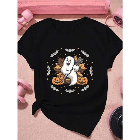 Womens Ghost Lacrosse Graphic Tee Sports T Shirt Tops Casual Short Sleeve Round Neck Black S-5XL