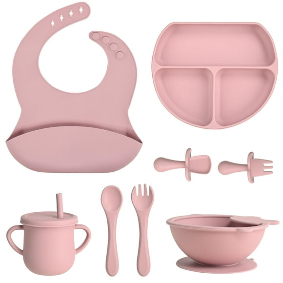 8 Pack Silicone Baby Feeding Set, BPA Free Baby Weaning Supplies ,Includes Baby Divided Suction Plate, Suction Bowls, Adjustable Bib, Cup with Straw, 2 Spoons, 2 Forks-Pink
