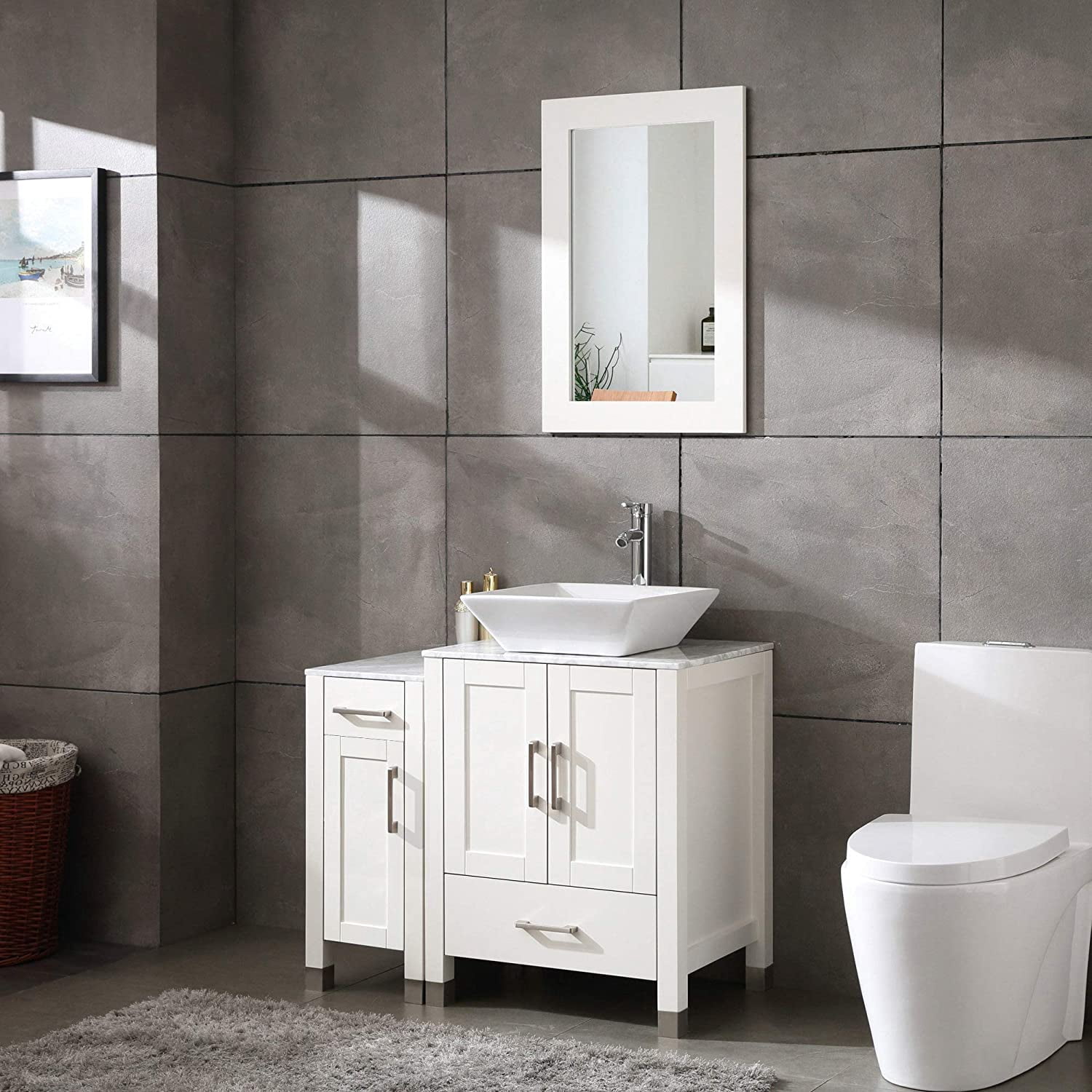 36" Bathroom Vanity Cabinet and Sink Combo Solid Wood Marble Top w/Mirror Faucet&Drain,White