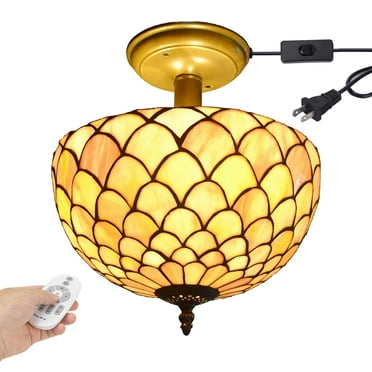 Kiven 11.8in Plug-in Flush Mount Ceiling Light Fixture, 2-Light Anti Glare Close to Ceiling Light with 15FT Cord, Tiffany-Style Glass Chandelier Dimmable for Bedroom Kitchen Hallway(No.3186)