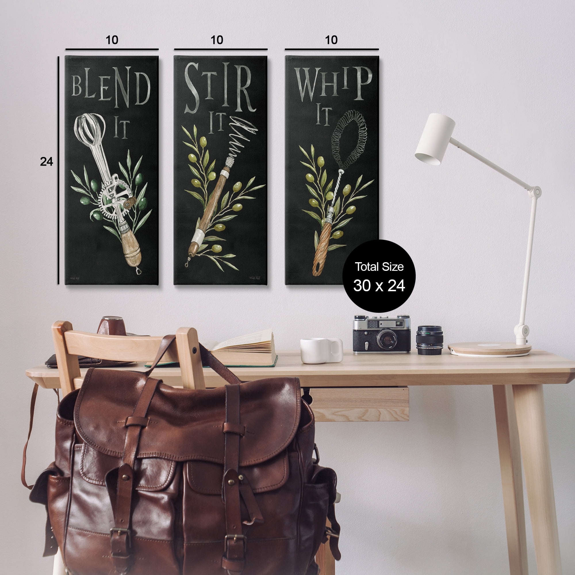 Stupell Industries Kitchen Utensils & Phrases Botanical & Floral Painting Gallery Wrapped Canvas Art Print Wall Art, 10 x 24, Set of 3
