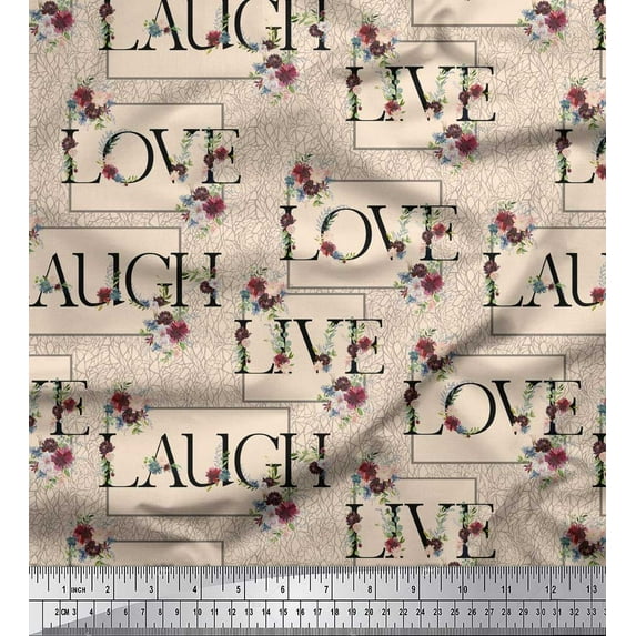 Soimoi White Silk Fabric Floral Love Text Printed Fabric 1 Yard 44 Inch Wide