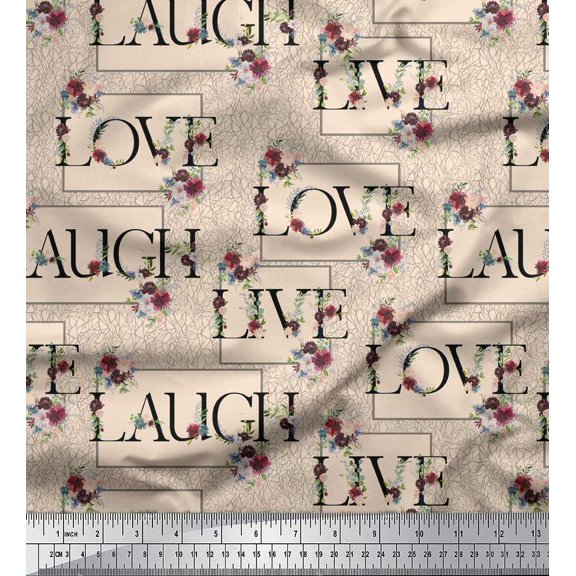 Soimoi White Poly Georgette Fabric Floral Love Text Print Fabric by the Yard 42 Inch Wide